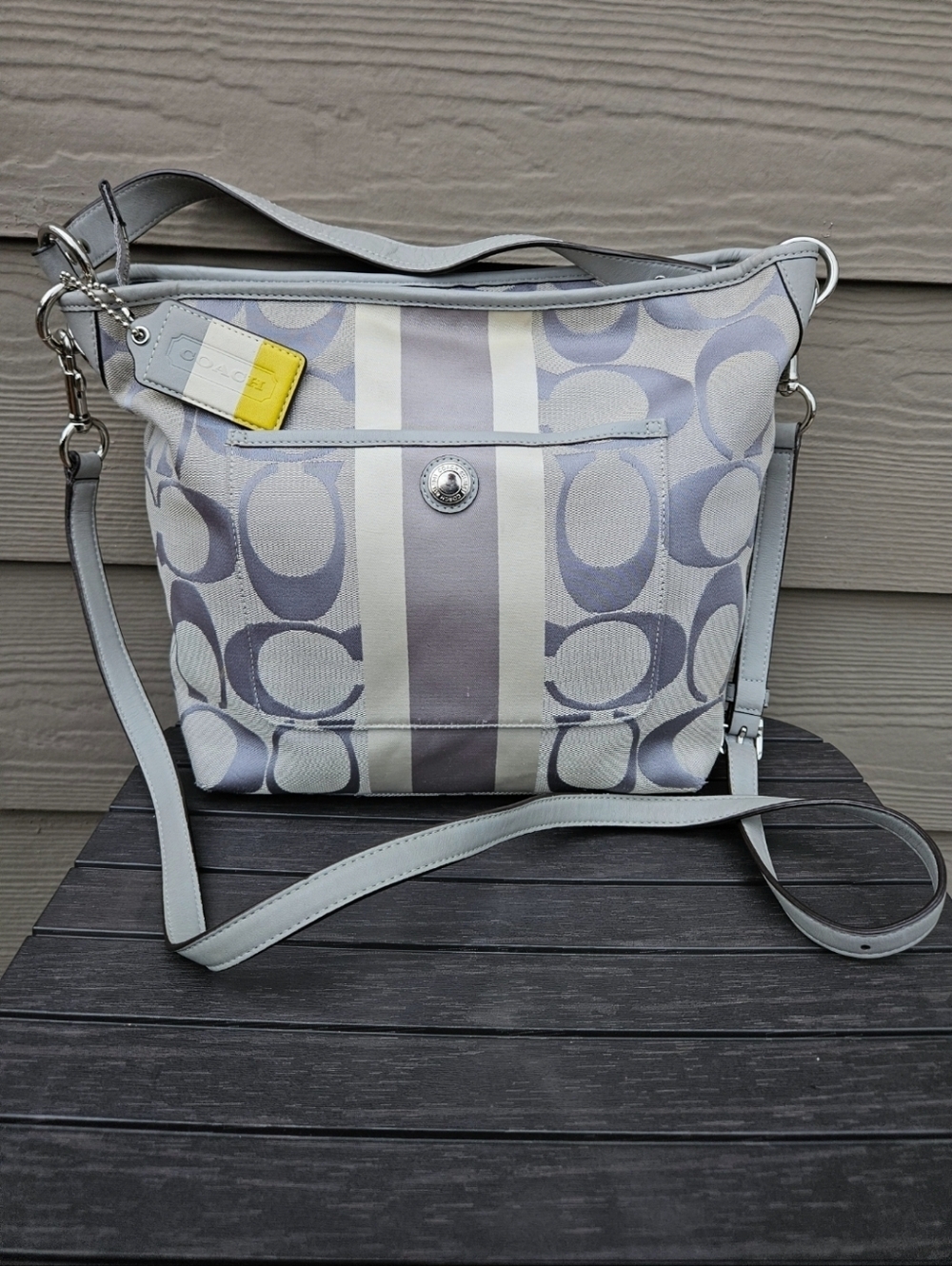 COACH Hamptons Weekend Signature Stripe Silver Tote Bag Purse Y2K Crossbody VTG